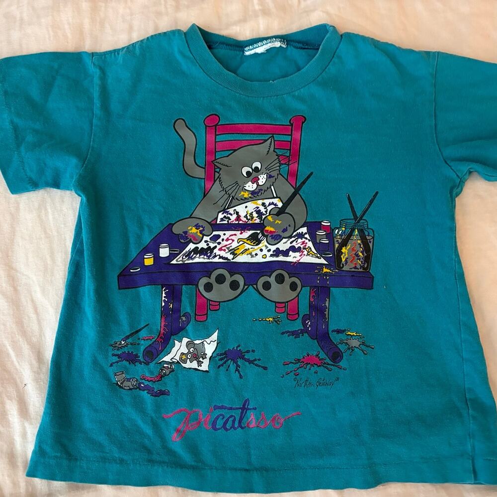 Vintage 90s Northern Getaway Kids T-Shirt Teal Picat-so Cat Artist Graphic Tee